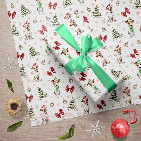 GIOLAINY Dog Christmas Wrapping Paper for Men Women Kids Pet Lovers - Funny Gift Wrap with Watercolor Santa Pups, Winter Holiday Dogs Design - 4 Jumbo Sheets (28" x 40"), Easy to Store in Kuwait