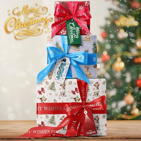 GIOLAINY Dog Christmas Wrapping Paper for Men Women Kids Pet Lovers - Funny Gift Wrap with Watercolor Santa Pups, Winter Holiday Dogs Design - 4 Jumbo Sheets (28" x 40"), Easy to Store in Kuwait