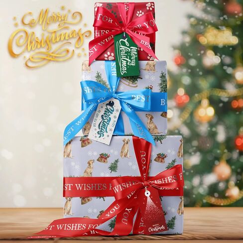 GIOLAINY Dog Christmas Wrapping Paper for Men Women Kids Pet Lovers - Funny Gift Wrap with Watercolor Santa Pups, Winter Holiday Dogs Design - 4 Jumbo Sheets (28" x 40"), Easy to Store in Kuwait