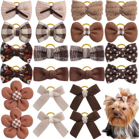 20 PCS Brown Small Dog Bows Cuit Puppy Cog Hair with Rubber Bands Bulk Pet Bowknot Hair Dows Grooming Flower Ball Bowknot Top Cnot لقضاء العطلة اليومية يوركي in Kuwait
