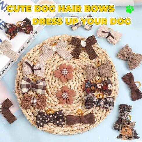 20 PCS Brown Small Dog Bows Cuit Puppy Cog Hair with Rubber Bands Bulk Pet Bowknot Hair Dows Grooming Flower Ball Bowknot Top Cnot لقضاء العطلة اليومية يوركي in Kuwait