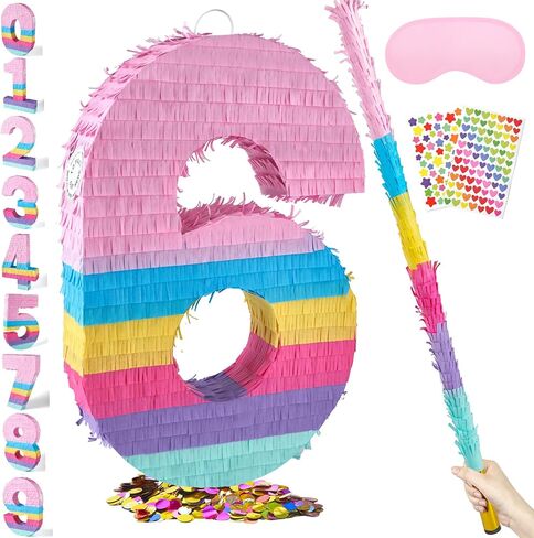 PCFING 20 Inch Number 6 Piñata Rainbow Candy Color with 30 Inch Piñata Stick Blindfold Confetti for Boy Girl Kids Birthday Party Decorations, Anniversary Celebration, Fiesta in Kuwait