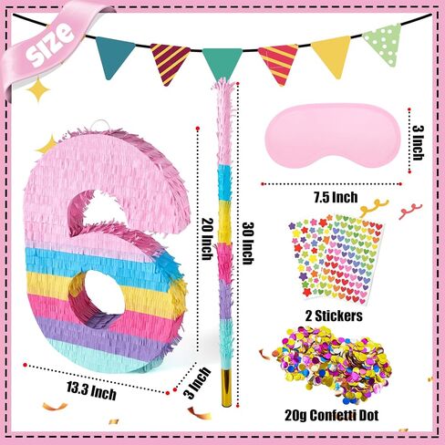 PCFING 20 Inch Number 6 Piñata Rainbow Candy Color with 30 Inch Piñata Stick Blindfold Confetti for Boy Girl Kids Birthday Party Decorations, Anniversary Celebration, Fiesta in Kuwait