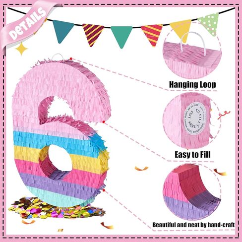 PCFING 20 Inch Number 6 Piñata Rainbow Candy Color with 30 Inch Piñata Stick Blindfold Confetti for Boy Girl Kids Birthday Party Decorations, Anniversary Celebration, Fiesta in Kuwait