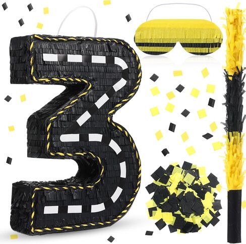 Poen Construction Piñata Decorations 16 Inch Road Number Piñata مع عصا معصوب العينين والحلويات لجرار عيد ميلاد Piñata حفلات عيد ميلاد مستلزمات مركزية (رقم 3) in Saudi Arabia