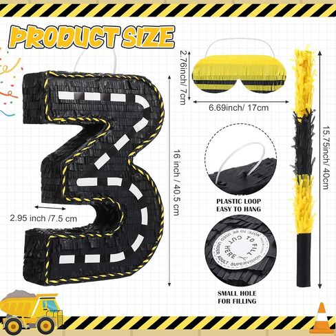 Poen Construction Piñata Decorations 16 Inch Road Number Piñata مع عصا معصوب العينين والحلويات لجرار عيد ميلاد Piñata حفلات عيد ميلاد مستلزمات مركزية (رقم 3) in Saudi Arabia