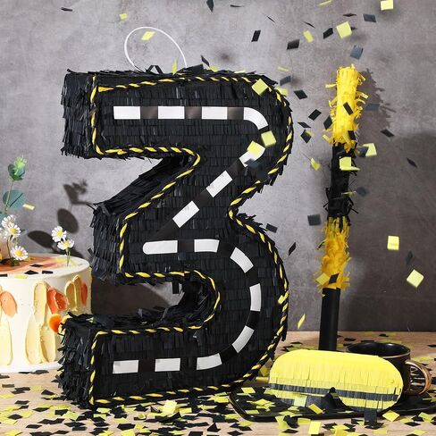 Poen Construction Piñata Decorations 16 Inch Road Number Piñata مع عصا معصوب العينين والحلويات لجرار عيد ميلاد Piñata حفلات عيد ميلاد مستلزمات مركزية (رقم 3) in Saudi Arabia