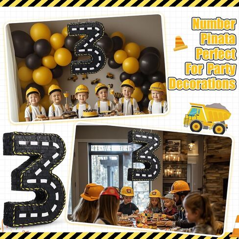 Poen Construction Piñata Decorations 16 Inch Road Number Piñata مع عصا معصوب العينين والحلويات لجرار عيد ميلاد Piñata حفلات عيد ميلاد مستلزمات مركزية (رقم 3) in Saudi Arabia