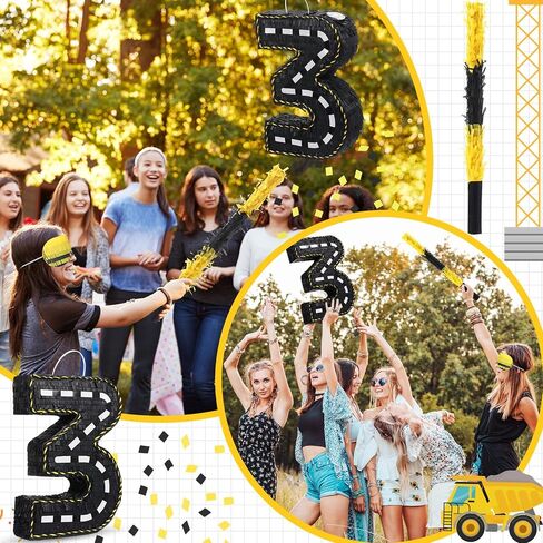 Poen Construction Piñata Decorations 16 Inch Road Number Piñata مع عصا معصوب العينين والحلويات لجرار عيد ميلاد Piñata حفلات عيد ميلاد مستلزمات مركزية (رقم 3) in Saudi Arabia