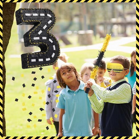 Poen Construction Piñata Decorations 16 Inch Road Number Piñata مع عصا معصوب العينين والحلويات لجرار عيد ميلاد Piñata حفلات عيد ميلاد مستلزمات مركزية (رقم 3) in Saudi Arabia