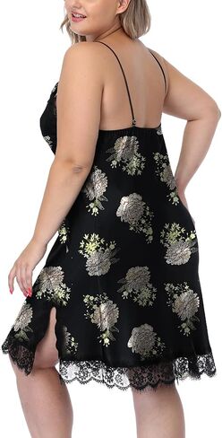 ABC-STAR Women's Plus Size Satin Slip Nightgown Lace Chemise Lingeries Sexy Slit Negligees Sleepwear in Kuwait