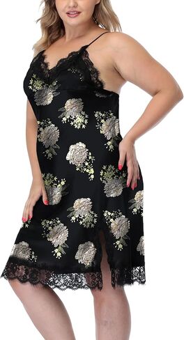 ABC-STAR Women's Plus Size Satin Slip Nightgown Lace Chemise Lingeries Sexy Slit Negligees Sleepwear in Kuwait