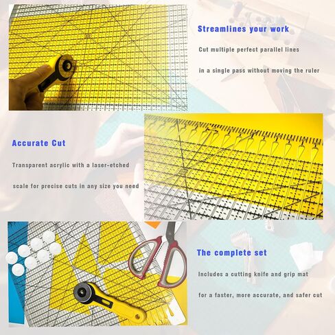 Square Slotted Quilting Ruler with Rotary Cutter12.5 * 12.5" Clear Acrylic Ruler for Precise Fabric Cutting|Quilting Rulers & Sewing Rulers|Non-Slip Pads in Saudi Arabia