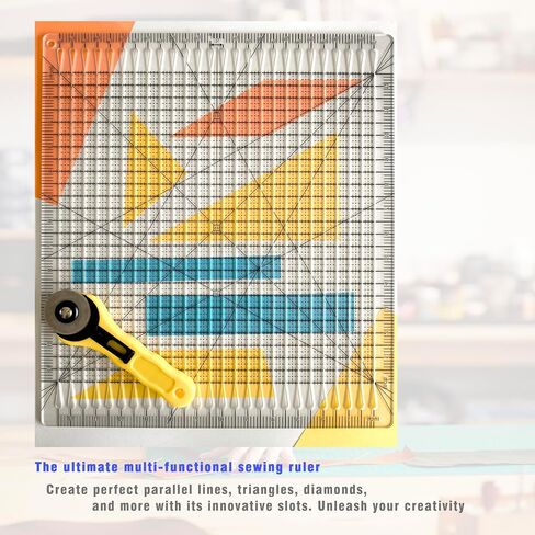Square Slotted Quilting Ruler with Rotary Cutter12.5 * 12.5" Clear Acrylic Ruler for Precise Fabric Cutting|Quilting Rulers & Sewing Rulers|Non-Slip Pads in Saudi Arabia