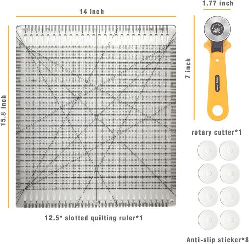 Square Slotted Quilting Ruler with Rotary Cutter12.5 * 12.5" Clear Acrylic Ruler for Precise Fabric Cutting|Quilting Rulers & Sewing Rulers|Non-Slip Pads in Saudi Arabia
