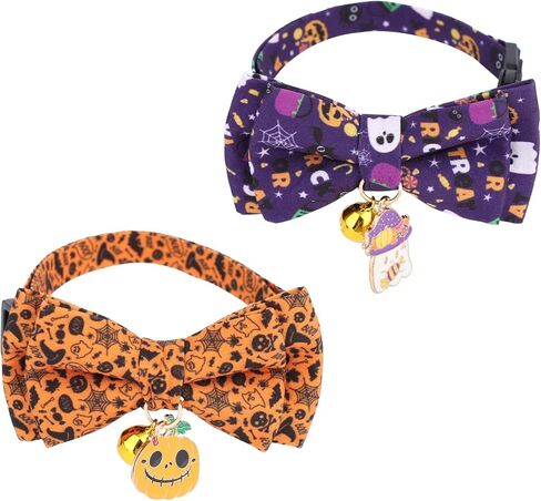 2pcs Halloween Cat Cat with Bow Tie & Bell ، Flowaway Fall Fall Spooky Hitten Powtie for small kitty and dogs festive pet escorby (Pumpkin & Ghost Pattern) in Kuwait