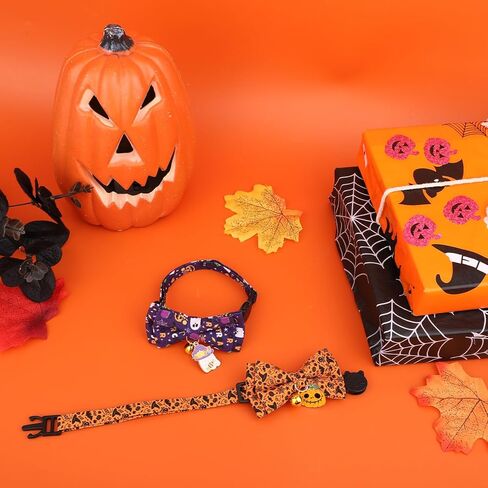 2pcs Halloween Cat Cat with Bow Tie & Bell ، Flowaway Fall Fall Spooky Hitten Powtie for small kitty and dogs festive pet escorby (Pumpkin & Ghost Pattern) in Kuwait