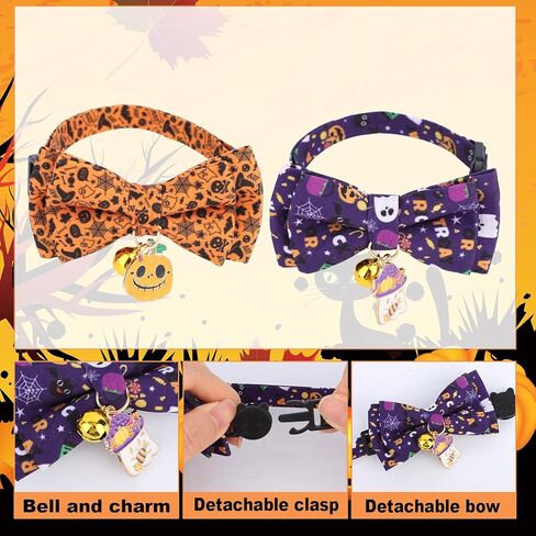 2pcs Halloween Cat Cat with Bow Tie & Bell ، Flowaway Fall Fall Spooky Hitten Powtie for small kitty and dogs festive pet escorby (Pumpkin & Ghost Pattern) in Kuwait