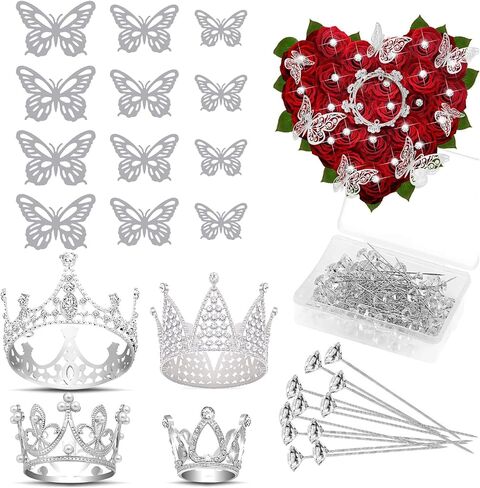 Flower Bouquet Accessories Including 4Pcs Crown Cake Topper Mini Tiara,12 Butterfly Decorations and 50Pcs Bouquet Pins for Birthday Wedding in Saudi Arabia