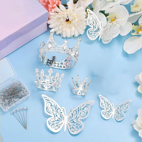 Flower Bouquet Accessories Including 4Pcs Crown Cake Topper Mini Tiara,12 Butterfly Decorations and 50Pcs Bouquet Pins for Birthday Wedding in Saudi Arabia