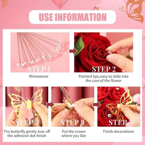 Flower Bouquet Accessories Including 4Pcs Crown Cake Topper Mini Tiara,12 Butterfly Decorations and 50Pcs Bouquet Pins for Birthday Wedding in Saudi Arabia