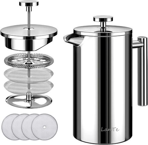 LANTE French Press Coffee Maker, Double Insulated 304 Stainless Steel Coffee Tea Maker 4 Level Filtration System, No Coffee Grounds, Rust-Free, Dishwasher Safe in Saudi Arabia