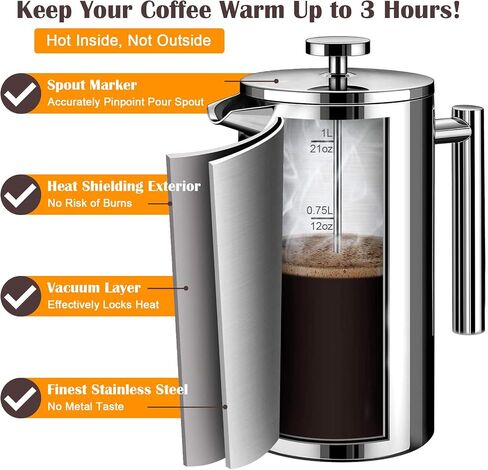 LANTE French Press Coffee Maker, Double Insulated 304 Stainless Steel Coffee Tea Maker 4 Level Filtration System, No Coffee Grounds, Rust-Free, Dishwasher Safe in Saudi Arabia
