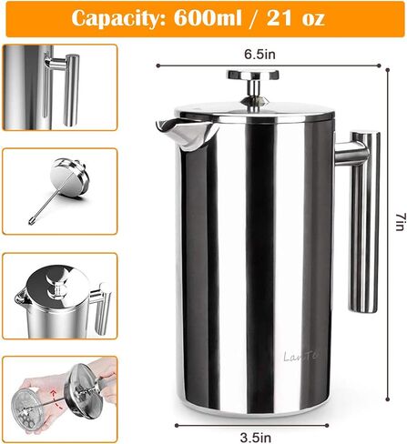 LANTE French Press Coffee Maker, Double Insulated 304 Stainless Steel Coffee Tea Maker 4 Level Filtration System, No Coffee Grounds, Rust-Free, Dishwasher Safe in Saudi Arabia