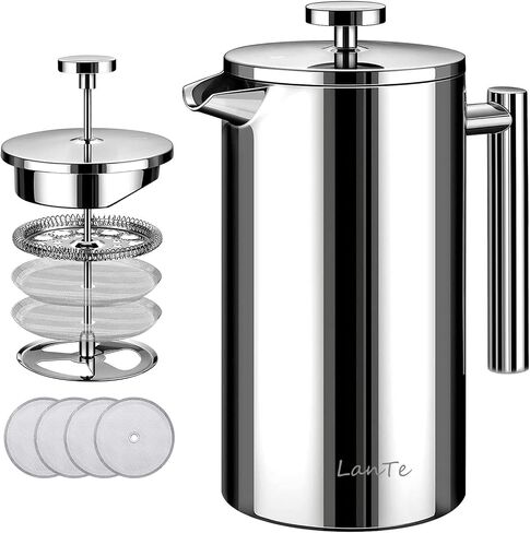 LANTE French Press Coffee Maker, Double Insulated 304 Stainless Steel Coffee Tea Maker 4 Level Filtration System, No Coffee Grounds, Rust-Free, Dishwasher Safe in Saudi Arabia