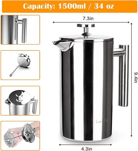 LANTE French Press Coffee Maker, Double Insulated 304 Stainless Steel Coffee Tea Maker 4 Level Filtration System, No Coffee Grounds, Rust-Free, Dishwasher Safe in Saudi Arabia