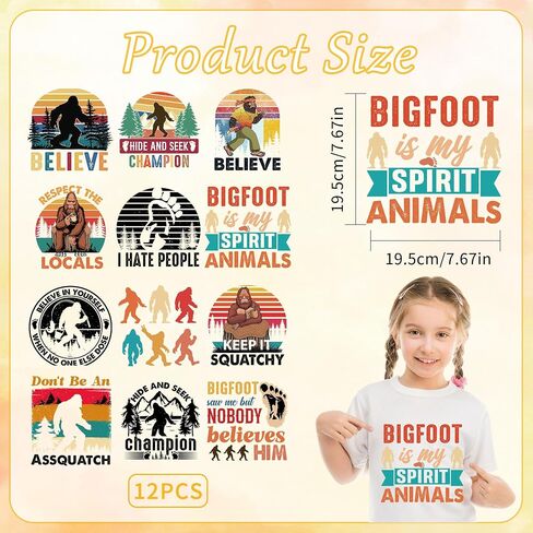 SASQUATCH DTF Transfers جاهزة للضغط ، 12 PCS الحديد الحيوان على التحويلات ، الحديد الحيوان على ملصقات HITE VINLY لقبعات سترات الملابس القبعات على ظهر حقيبة الظهر DIY in Saudi Arabia