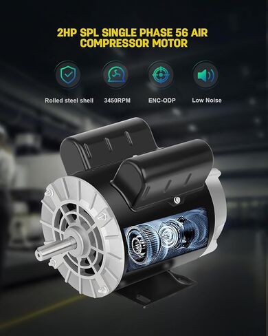 محرك ضاغط هواء 1.5 حصان، محرك كهربائي أحادي الطور 3450 دورة في الدقيقة، 56 إطارًا 5/8 بوصة عمود مفتاح 115/230 فولت، دوران CCW المستمر، طول العمود 1.88 بوصة لضواغط الهواء in Kuwait