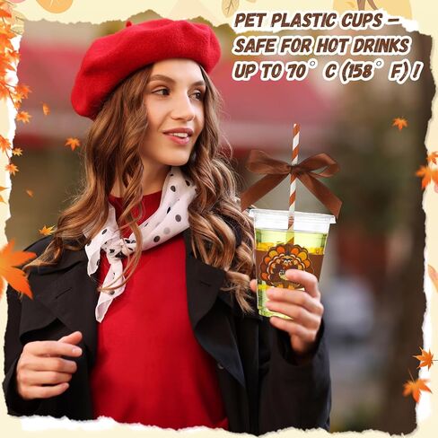 60 pcs 12 أوقية سقوط اليقطين أكواب بلاستيكية كبيرة مع الأغطية الأكمام والقش في الخريف شكر أوراق القيقب القابلة للتصرف في أكواب البلاستي in Saudi Arabia