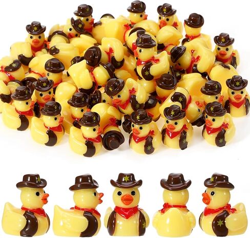 50 PCS ميني راتنج رعاة البقر البط ، التمثال المصغر الغربي للبط ، بطة صفراء صغيرة مع قبعة رعاة البقر ، شخصيات مصغرة للاختباء للحصول على ديني ديي وورف رعاة البقر حفلة عيد ميلاد هدية (بني) in Saudi Arabia