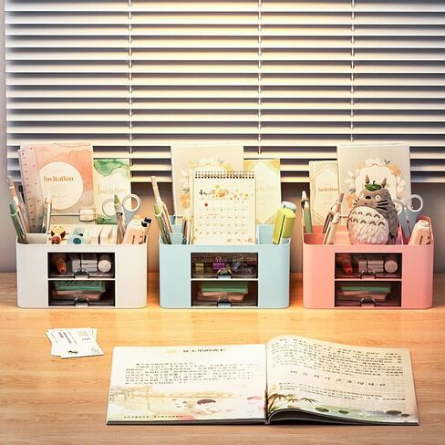 Creative & Simple Desk Organiser, 7 Grids, Plastic Table Organiser with Drawer, Multifunctional Desk Organiser, Pen Holder for School, Office, Home (Pink) in Saudi Arabia
