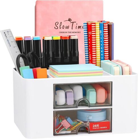 Creative & Simple Desk Organiser, 7 Grids, Plastic Table Organiser with Drawer, Multifunctional Desk Organiser, Pen Holder for School, Office, Home (Pink) in Saudi Arabia