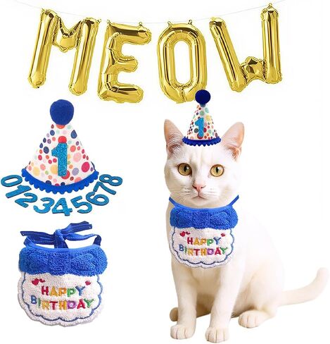 Cat Birthday Hat Decoration & Outfit Set - Adjustable Party Hat with Numbers, Bandana Bow Tie & Balloon Supplies for Cat Costume Photo Shoots(Blue/Pink) (Blue) in Saudi Arabia