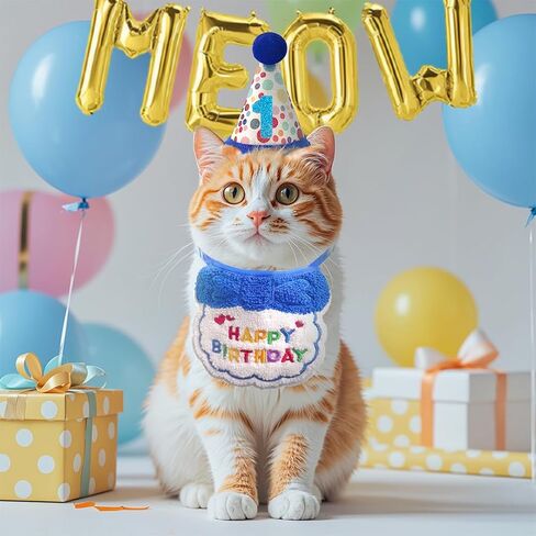 Cat Birthday Hat Decoration & Outfit Set - Adjustable Party Hat with Numbers, Bandana Bow Tie & Balloon Supplies for Cat Costume Photo Shoots(Blue/Pink) (Blue) in Saudi Arabia