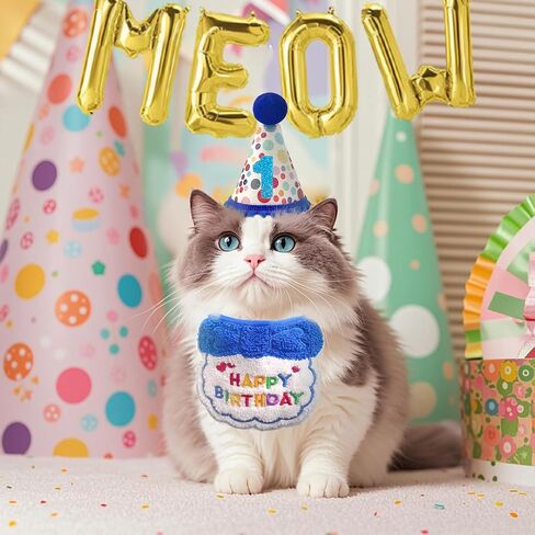 Cat Birthday Hat Decoration & Outfit Set - Adjustable Party Hat with Numbers, Bandana Bow Tie & Balloon Supplies for Cat Costume Photo Shoots(Blue/Pink) (Blue) in Saudi Arabia