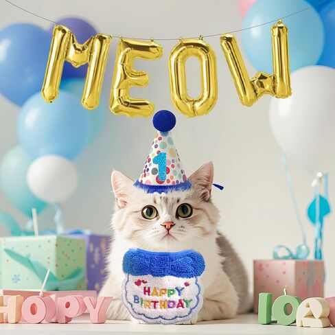 Cat Birthday Hat Decoration & Outfit Set - Adjustable Party Hat with Numbers, Bandana Bow Tie & Balloon Supplies for Cat Costume Photo Shoots(Blue/Pink) (Blue) in Saudi Arabia