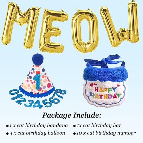 Cat Birthday Hat Decoration & Outfit Set - Adjustable Party Hat with Numbers, Bandana Bow Tie & Balloon Supplies for Cat Costume Photo Shoots(Blue/Pink) (Blue) in Saudi Arabia