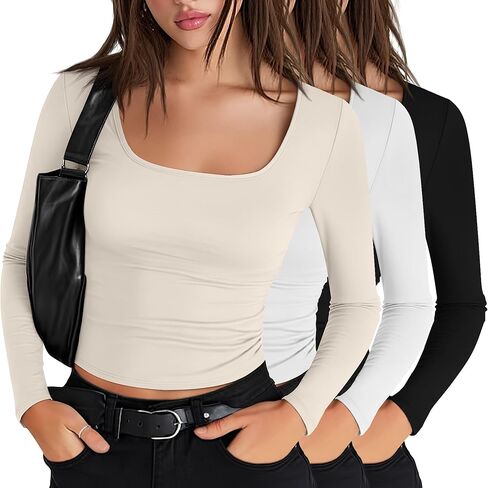 3 قطع من قمصان Riyiper النسائية ذات الأكمام الطويلة، قمصان قصيرة ضيقة برقبة مربعة للتمرين، قمصان رياضية أساسية كاجوال in Kuwait