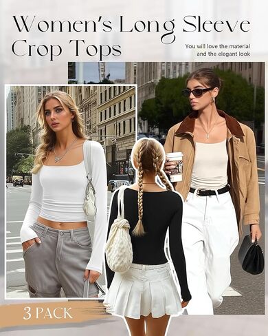 3 قطع من قمصان Riyiper النسائية ذات الأكمام الطويلة، قمصان قصيرة ضيقة برقبة مربعة للتمرين، قمصان رياضية أساسية كاجوال in Kuwait