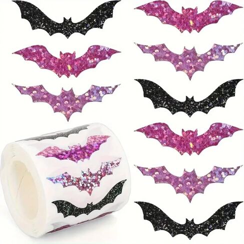 500Pcs Halloween Bat Labels Stickers Black Purple Glitters Bat Roll Label Decals Shiny Bats Self-Adhesive Stickers for Halloween Greeting Cards Invitation Envelope Sealing Gift Wrapping Supplies in Kuwait