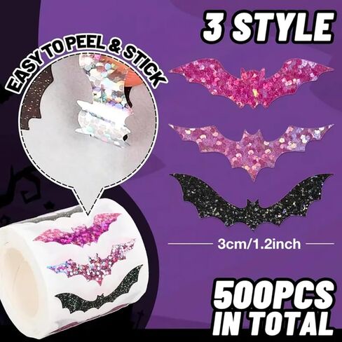 500Pcs Halloween Bat Labels Stickers Black Purple Glitters Bat Roll Label Decals Shiny Bats Self-Adhesive Stickers for Halloween Greeting Cards Invitation Envelope Sealing Gift Wrapping Supplies in Kuwait