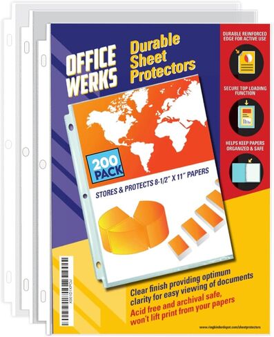 100 واقي ورق شفاف من Officewerks، مقاس 8.5 × 11 بوصة لـ 3 حلقات، وأكمام ورقية بلاستيكية، وواقي ورق تحميل علوي مع فتحات معززة، وآمن أرشيفي للمستندات والصور in Kuwait