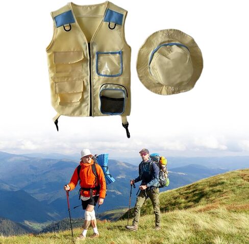 Explorer Vest and Hat Set for Kids Outdoor Activities, Blue in Saudi Arabia