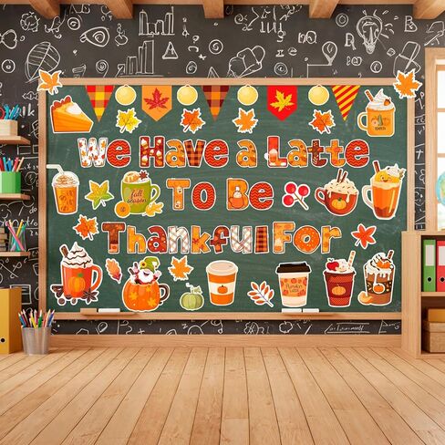 Howaf Fall Classroom Decorations لدينا لاتيه لنكون ممتنين لمجلة Bulletin Poard لمدرسة Autumn Chalkboard ، فالكب كيك أوراق القيقب in Saudi Arabia
