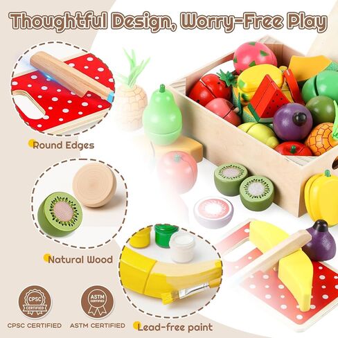 35pcs تلعب خشبيًا طعامًا للأطفال الصغار 1-3 ، يلعب ألعاب الطعام إكسسوارات المطبخ مع سلة تخزين ، وبطاقات تعليمية ، وقطع ثمار الغذاء ألعاب Montessori Toys Gift for Kids Girls Age 3 4 5 6 in Kuwait