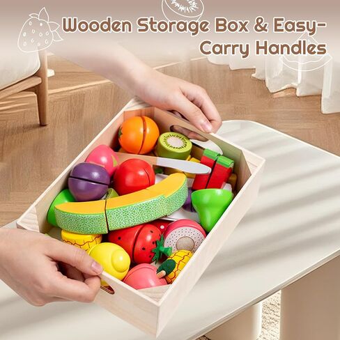 35pcs تلعب خشبيًا طعامًا للأطفال الصغار 1-3 ، يلعب ألعاب الطعام إكسسوارات المطبخ مع سلة تخزين ، وبطاقات تعليمية ، وقطع ثمار الغذاء ألعاب Montessori Toys Gift for Kids Girls Age 3 4 5 6 in Kuwait